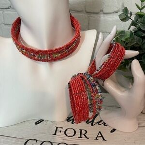 Orange and Multicolor Beaded Wire Necklace and Bracelet